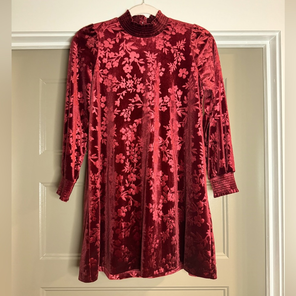 Matilda Jane Dress Girls Size 12♥️Burgundy Red Velour Floral Holiday Long Sleeve